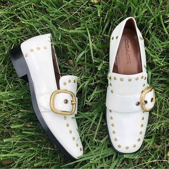 New Coach Studded White Leather Loafers Buckle Gucci Prada Labucq Celine Alexa - Picture 1 of 11